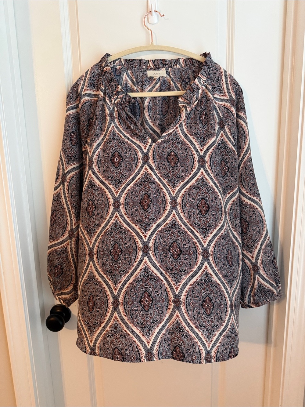 LOFT Navy and Cream Paisley Tunic Blouse